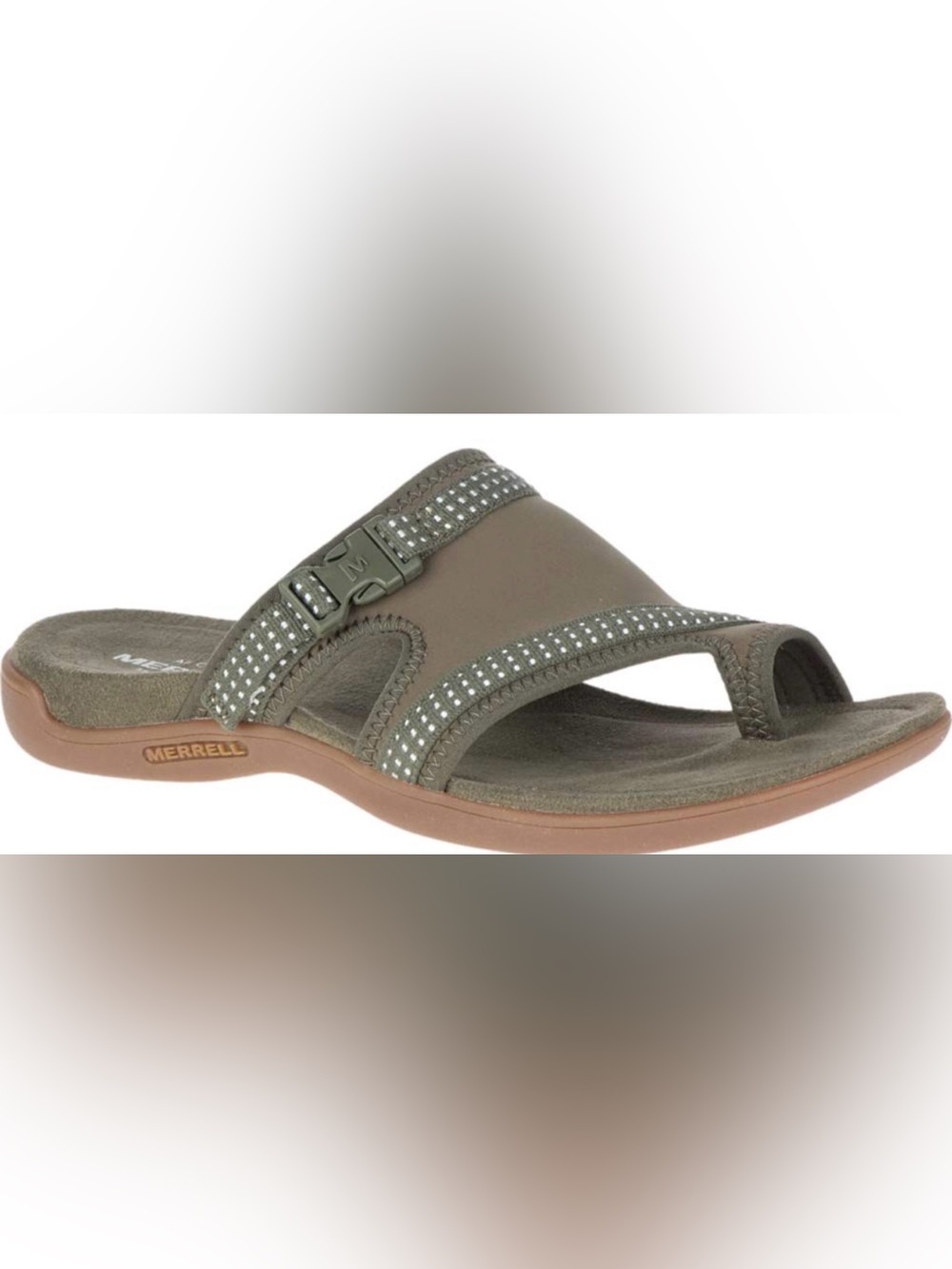Merrell khaki olive green Slide Sandals white Trim worn once EUC